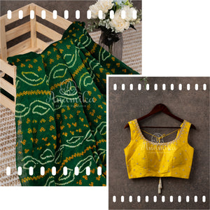 Dark Green Bandini Crepe saree with a contrast yellow blouse
