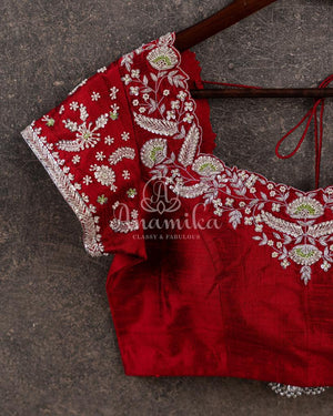 Maroon short sleeves blouse with silver work