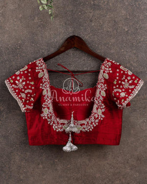 Maroon short sleeves blouse with silver work