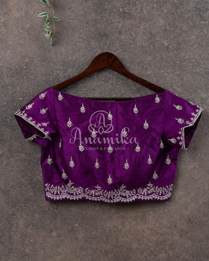 Purple Bandini Crepe saree with a mono tone purple off shoulder blouse