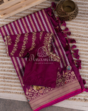 Magenta Banarasi Silk Saree with zari woven stripes