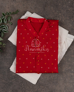 Red Kurta with white and yellow bandini