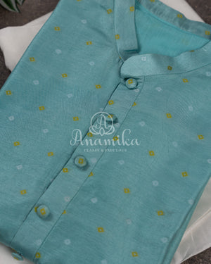 Light Blue Kurta with white and yellow bandini