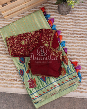Pista Green Kanchipattu saree with floral prints border and pallu