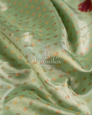 Pista Green Kanchipattu saree with floral prints border and pallu