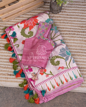 Baby Pink Tusser georgette saree with all over paithani weave