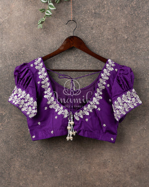 Off white and Purple Ikkat silk saree in a contemporary print