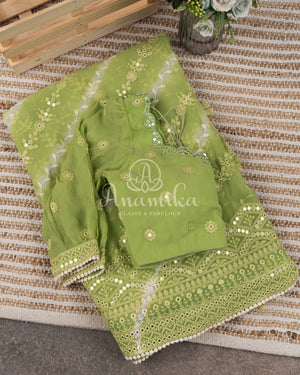 Green Chikankari and mirror work Georgette saree in leheriya pattern