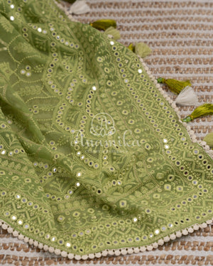 Green Chikankari and mirror work Georgette saree in leheriya pattern