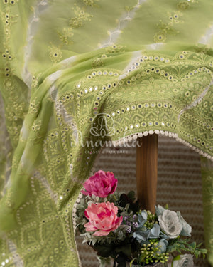 Green Chikankari and mirror work Georgette saree in leheriya pattern