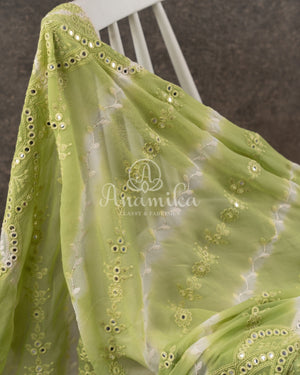 Green Chikankari and mirror work Georgette saree in leheriya pattern