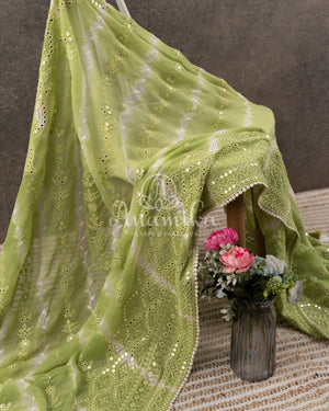 Green Chikankari and mirror work Georgette saree in leheriya pattern