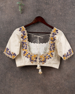 Off white elbow sleeves blouse with purple and gold work