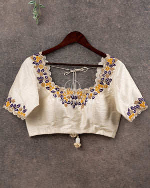Off white elbow sleeves blouse with purple and gold work