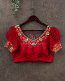 Red Puff Sleeves blouse with gold zardosi work