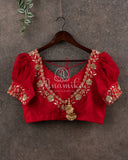 Red Puff Sleeves blouse with gold zardosi work