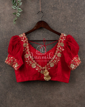 Red Puff Sleeves blouse with gold zardosi work