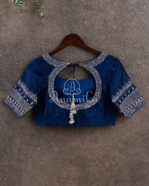 Light Blue Chanderi Silk Saree with a contrast dark blue blouse with lovely work