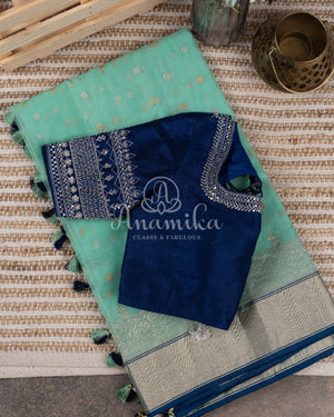 Light Blue Chanderi Silk Saree with a contrast dark blue blouse with lovely work