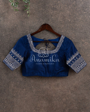 Light Blue Chanderi Silk Saree with a contrast dark blue blouse with lovely work