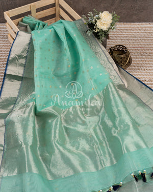 Light Blue Chanderi Silk Saree with a contrast dark blue blouse with lovely work