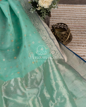Light Blue Chanderi Silk Saree with a contrast dark blue blouse with lovely work