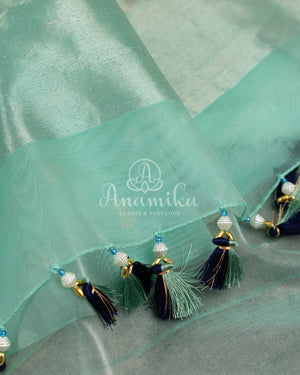 Light Blue Chanderi Silk Saree with a contrast dark blue blouse with lovely work