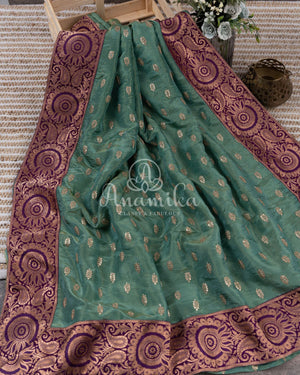 Light Green Crepe silk saree with embroidered buttas and banarasi border
