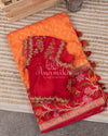 Pure Banarasi Silk Saree with a multi color floral border - orange/red combo
