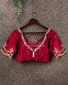 Wine Red Blouse with scallop sleeves and gold zardosi work
