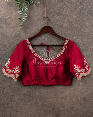 Wine Red Blouse with scallop sleeves and gold zardosi work