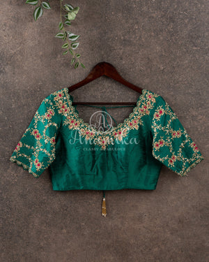 Rama Green Blouse with gold zardosi and pink thread work