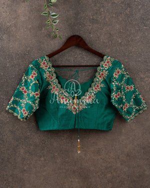 Rama Green Blouse with gold zardosi and pink thread work