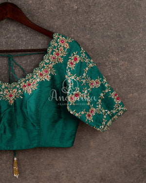 Rama Green Blouse with gold zardosi and pink thread work