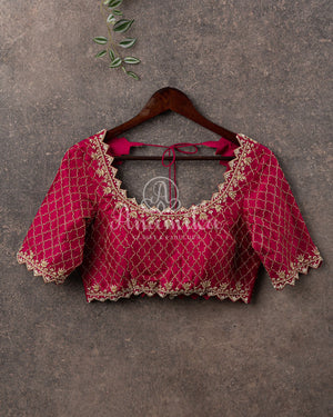 Wine color Elbow sleeves blouse with beautiful zardosi cutwork