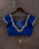 Royal Blue short sleeves blouse with neatly designed zardosi work