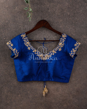 Royal Blue short sleeves blouse with neatly designed zardosi work