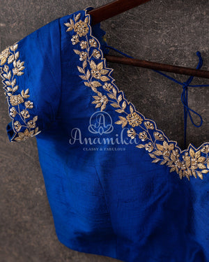 Royal Blue short sleeves blouse with neatly designed zardosi work