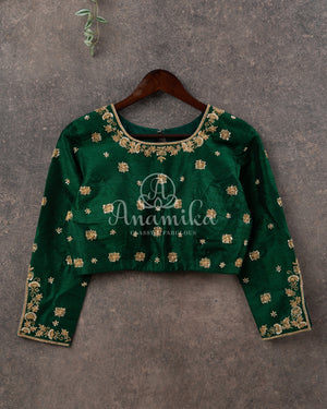 Dark Green Full sleeves blouse with gold work