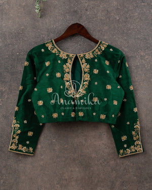 Dark Green Full sleeves blouse with gold work
