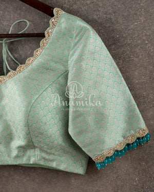 Pastel Sea Blue Pure Banarasi Brocade Blouse with simple scallop work