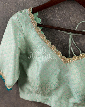 Pastel Sea Blue Pure Banarasi Brocade Blouse with simple scallop work