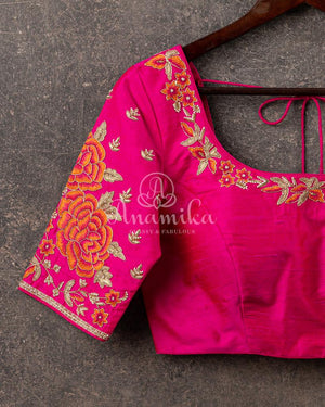 Pink blouse with intricate floral work embroidery in orange - absolutely stunning !