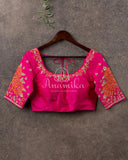 Pink blouse with intricate floral work embroidery in orange - absolutely stunning !