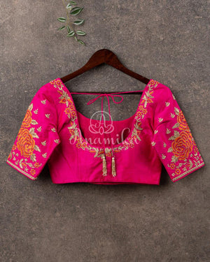 Pink blouse with intricate floral work embroidery in orange - absolutely stunning !