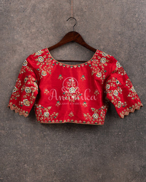 Light Sea Green Floral Kanchi saree with contrast red border