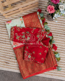 Light Sea Green Floral Kanchi saree with contrast red border