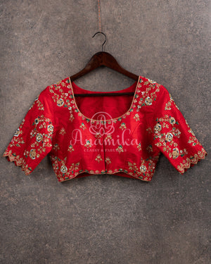 Light Sea Green Floral Kanchi saree with contrast red border