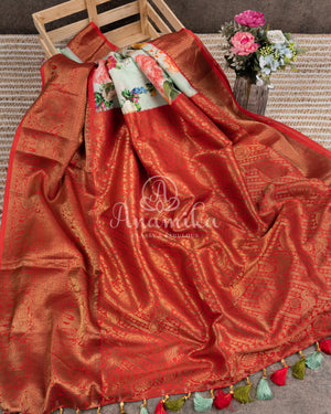 Light Sea Green Floral Kanchi saree with contrast red border