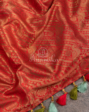 Light Sea Green Floral Kanchi saree with contrast red border